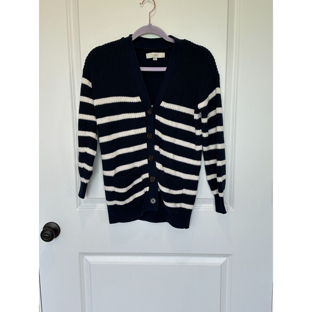 Loft Navy and White Striped Button Front Cardigan Sweater Size XS
